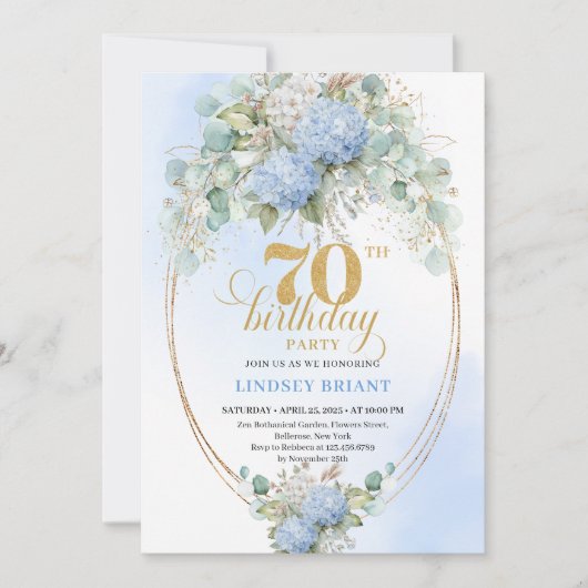 Timeless 70th Birthday Blue Hydrangea Gold Invite Kaart (Voorkant)