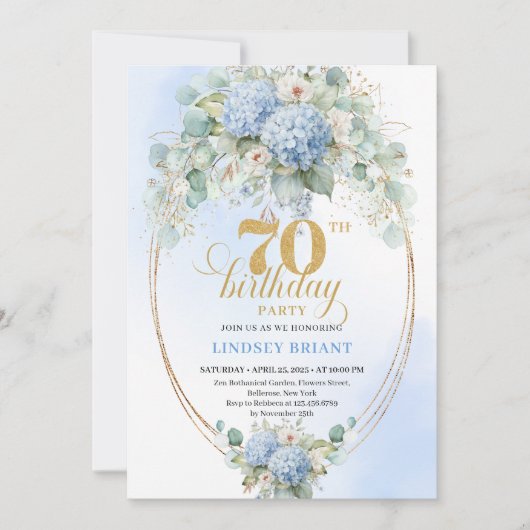Timeless 70th Birthday Soft Blue Hydrangea Invite Kaart (Voorkant)
