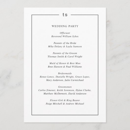 Timeless Black and White Monogram Modern Wedding Programmakaart (Achterkant)