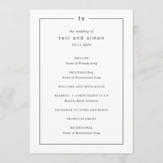 Timeless Black and White Monogram Modern Wedding Programmakaart (Voorkant)