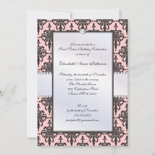 Timeless Black & Roze Damask Sweet 16 Party Kaart (Voorkant)