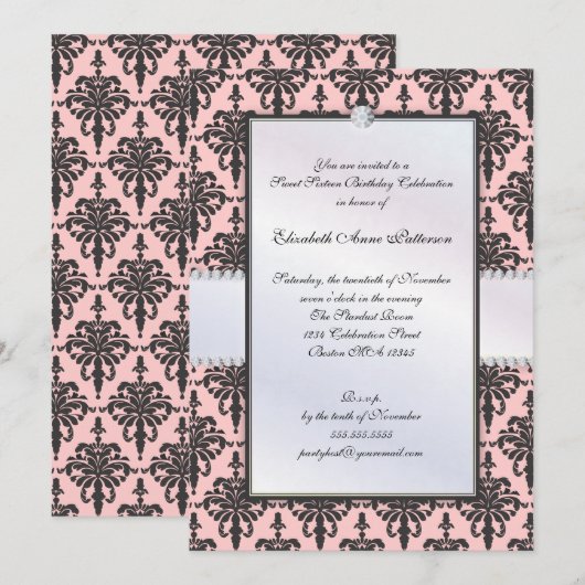 Timeless Black & Roze Damask Sweet 16 Party Kaart (Voorkant / Achterkant)