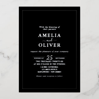 TIMELESS Black & Silver Minimalist Wedding Design Folie Uitnodiging