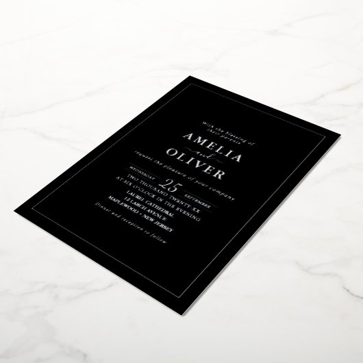 TIMELESS Black & Silver Minimalist Wedding Design Folie Uitnodiging (Gedraaid)