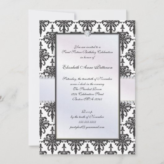 Timeless Black & White Damask Sweet 16 Party Kaart (Voorkant)