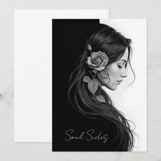 Timeless black white dramatic floral hair design kaart (Voorkant / Achterkant)