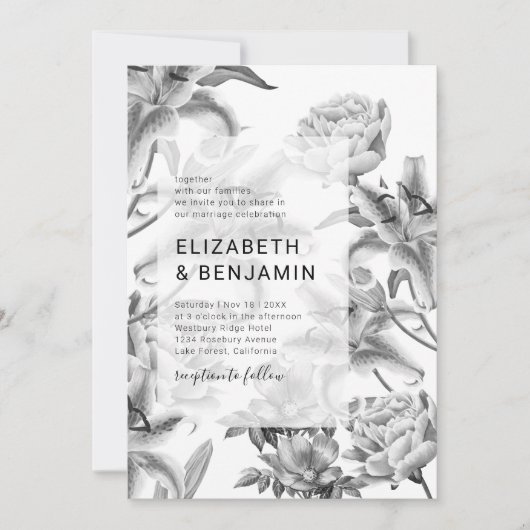 Timeless Black White Floral Wedding Invitation Kaart (Voorkant)