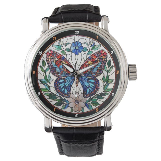 Timeless Bloom" - Stained Glass Butterfly  Horloge (Voorkant)