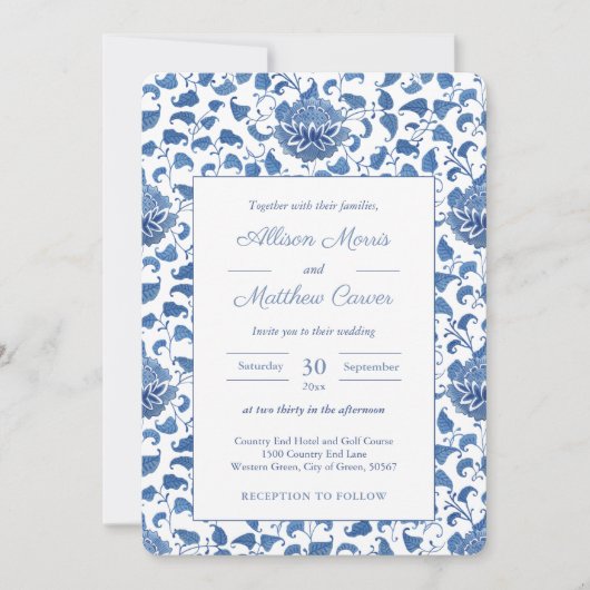 Timeless Blue en White Chinoiserie Chic Wedding Kaart (Voorkant)