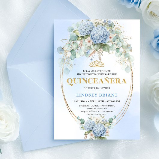Timeless Blue Floral Gold Quinceañera Invitation Kaart