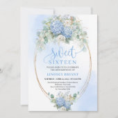 Timeless Blue Floral Gold Sweet 16 Birthday Invite Kaart (Voorkant)