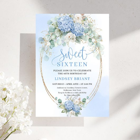 Timeless Blue Floral Gold Sweet 16 Birthday Invite Kaart