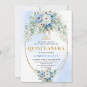 Timeless Blue Floral Quinceañera Invitation Gold Kaart (Voorkant)