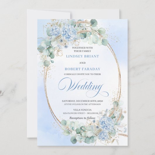 Timeless Blue Hydrangea Eucalyptus Wedding Invite Kaart (Voorkant)