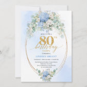 Timeless Blue Hydrangea Gold 80th Birthday Invite Kaart (Voorkant)