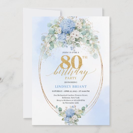 Timeless Blue Hydrangea Gold 80th Birthday Invite Kaart (Voorkant)