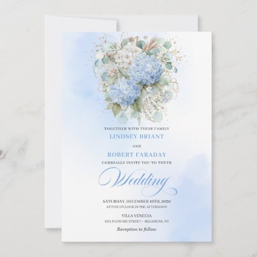 Timeless Blue Hydrangea Gold Floral Wedding Invite Kaart (Voorkant)