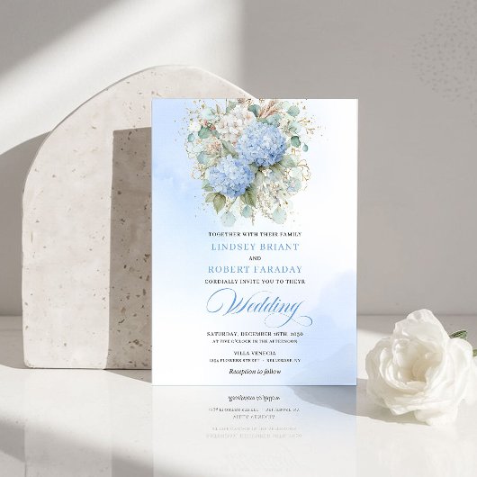 Timeless Blue Hydrangea Gold Floral Wedding Invite Kaart