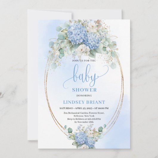 Timeless Blue Hydrangeas Baby Shower Invitation Kaart (Voorkant)