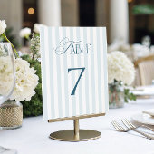 Timeless Blue Stripes Wedding Table Number 7 Sign Kaart