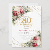 Timeless Blush Burgundy Greenery 80th Invite Kaart (Voorkant)