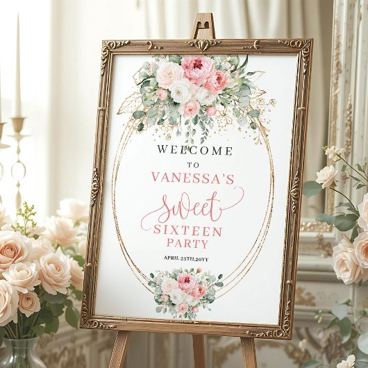 Timeless Blush Floral Sweet 16 Welcome Poster