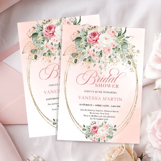 Timeless Blush Pink Roses Bridal Shower Invitation Kaart