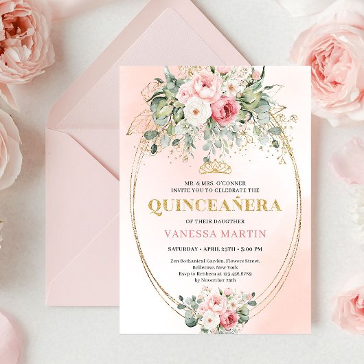 Timeless Blush Roses Eucalyptus Quinceañera Invite Kaart