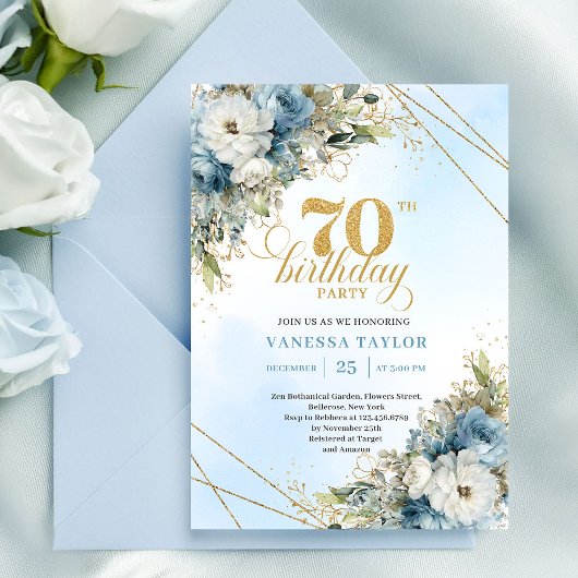 Timeless bohemian blue florals gold 70th birthday  kaart