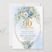 Timeless Boho Blue Floral Gold 90th Birthday Kaart (Voorkant)