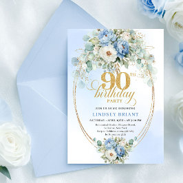 Timeless Boho Blue Floral Gold 90th Birthday Kaart