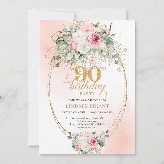 Timeless Boho Blush Rose Boho 90th Birthday Party Kaart (Voorkant)