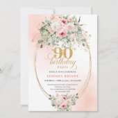 Timeless Boho Blush Roses Gold 90th Birthday Invit Kaart (Voorkant)