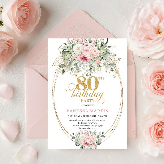 Timeless Boho Blush Roses Minimal 80th Birthday Kaart