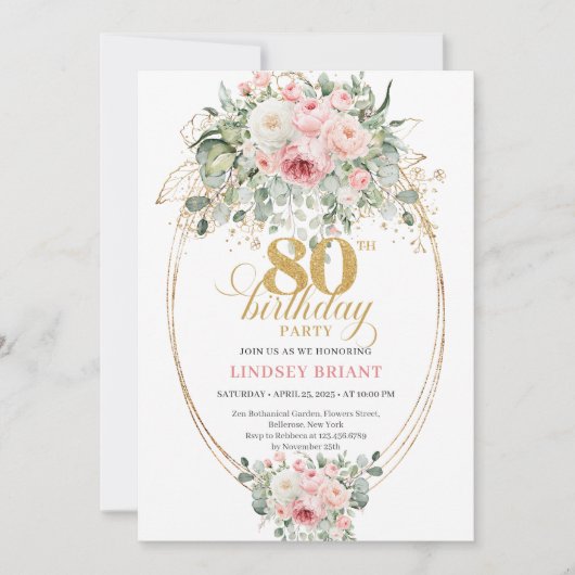 Timeless Boho Blush Roses Minimal 80th Birthday Kaart (Voorkant)