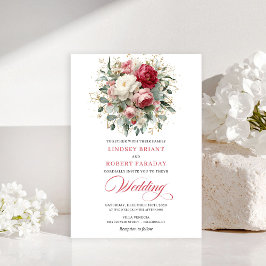 Timeless Boho Red Blush Floral Greenery Invitation Kaart
