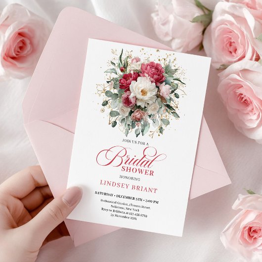 Timeless Boho Ruby Red Blush Gold Bridal Shower Kaart