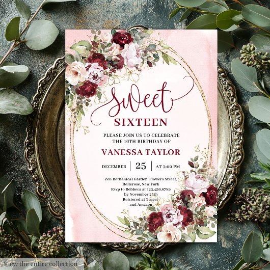 Timeless Burgundy Blush Floral Sweet 16 Invite Kaart