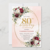 Timeless Burgundy Boho Floral 80th Birthday Invite Kaart (Voorkant)