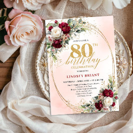 Timeless Burgundy Boho Floral 80th Birthday Invite Kaart