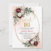 Timeless Burgundy Floral Eucalyptus Gold Sweet 16 Kaart (Voorkant)