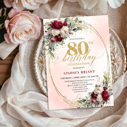 Timeless Burgundy Floral Gold 80th Birthday Invite Kaart