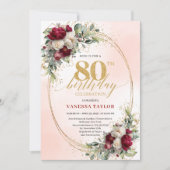 Timeless Burgundy Floral Gold 80th Birthday Invite Kaart (Voorkant)