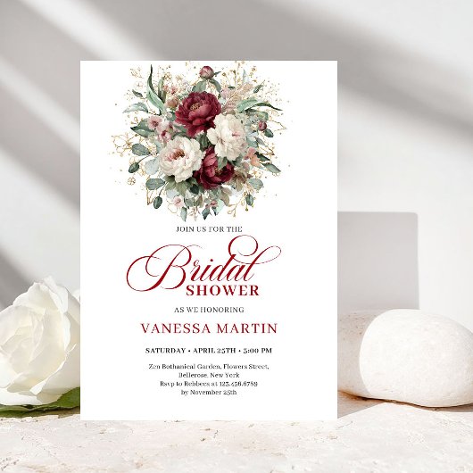 Timeless Burgundy Flowers Bridal Shower Invitation Kaart
