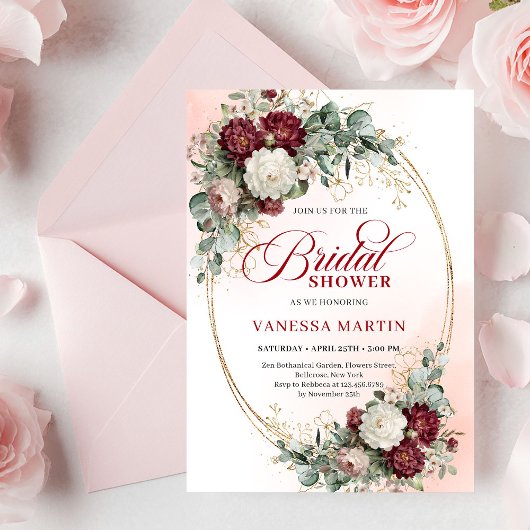 Timeless Burgundy Flowers with Gold Bridal Shower  Kaart