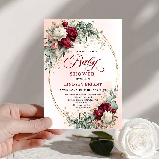 Timeless Burgundy Gold Floral Baby Shower Invite Kaart