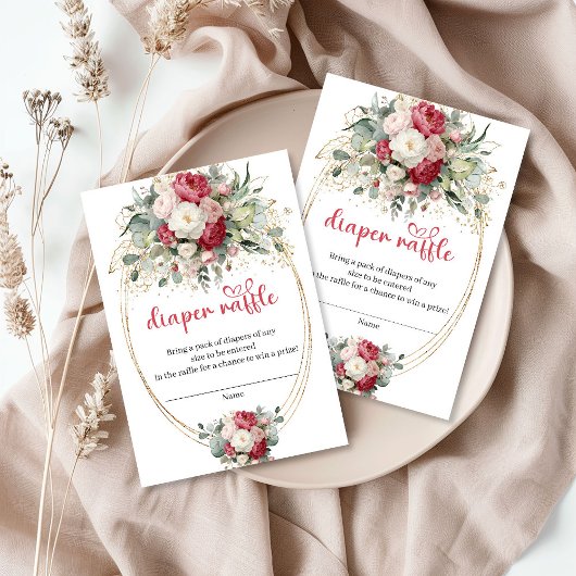 Timeless Burgundy Gold Floral Diaper Raffle Informatiekaartje
