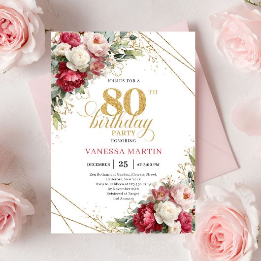 Timeless Burgundy Red Gold 80th Birthday Invite Kaart