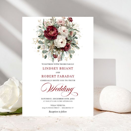 Timeless Burgundy White Floral Gold Wedding Invite Kaart