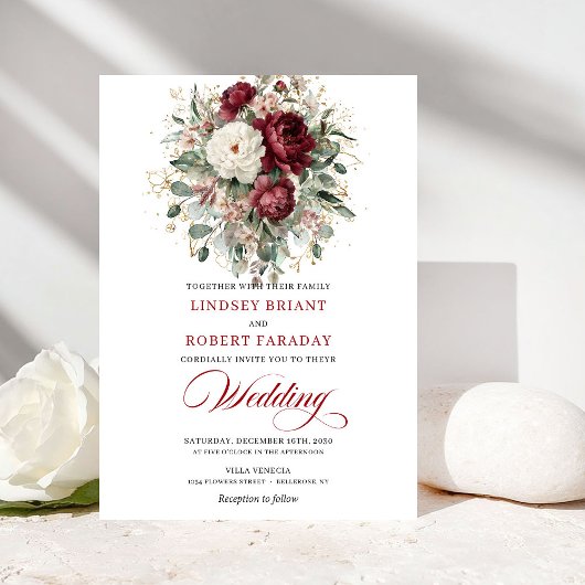 Timeless Burgundy White Floral Gold Wedding Invite Kaart